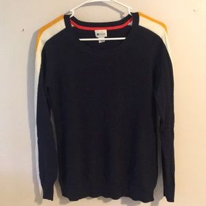 Navy blue sweater with striped sleeves